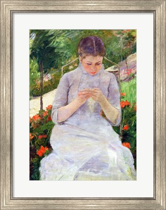 Framed Young Woman Sewing in the garden Print