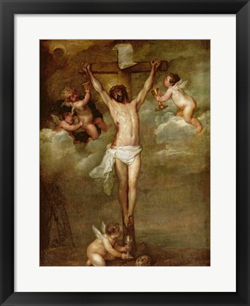 Framed Christ attended by angels holding chalices Print