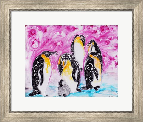 Framed Penguins Under Magenta Sky Print