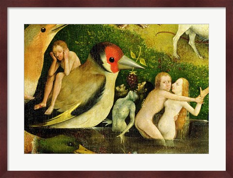 Framed Garden of Earthly Delights: Allegory of Luxury, central panel of triptych, detail of couple in the water and a bird, c.1500 Print