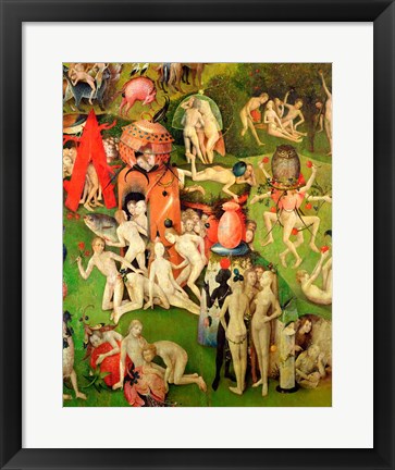 Framed Garden of Earthly Delights: Allegory of Luxury, vertical central panel of triptych, c.1500 Print