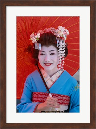 Framed Geisha in Blue with Orange Umbrella Print
