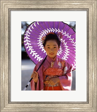 Framed Portrait of a girl holding a parasol, Shichi Go San, Japan Print