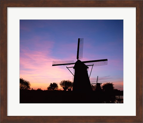 Framed Silhouette, Windmills On Purple Sunset, Kinderdijk, Netherlands Print