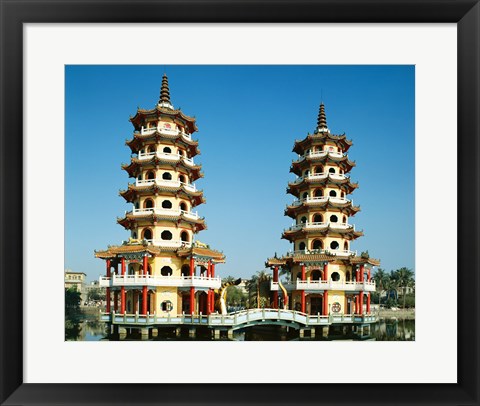 Framed Facade of a pagoda, Dragon and Tiger Pagoda, Lotus Lake, Kaohsiung, Taiwan Print