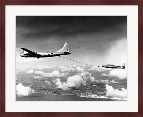 Framed Side profile of a military tanker airplane refueling in flight, B-29 Superfortress, F-84 Thunderjet Print