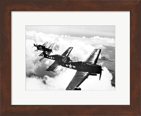 Framed High angle view of four fighter planes flying in formation, F6F Hellcat Print