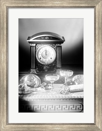 Framed Clock showing 12 o&#39;clock with champagne flutes and party hats in the foreground Print