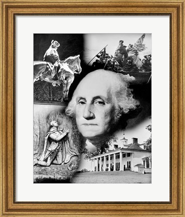 Framed George Washington&#39;s face superimposed over a montage of pictures depicting American history, USA Print