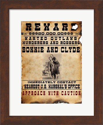 Framed Bonnie and Clyde Wanted Poster Print