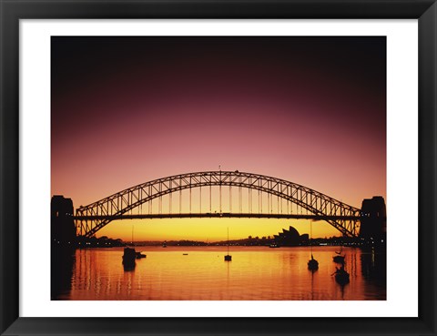 Framed Silhouette of a bridge across a harbor, Sydney Harbor Bridge, Sydney, New South Wales, Australia Print
