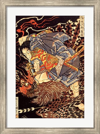 Framed Oki no Jiro Hiroari killing a monstrous tengu Print