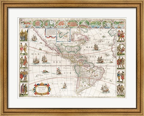 Framed Americae nova Tabula - Map of North and South America Print