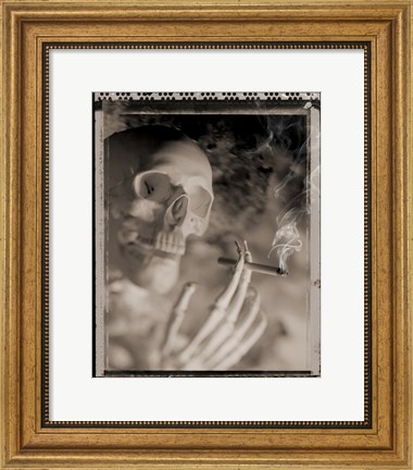 Framed Side profile of a skeleton holding a cigarette Print