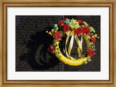 Framed Wreath on the Vietnam Veterans Memorial Wall, Vietnam Veterans Memorial, Washington, D.C., USA Print