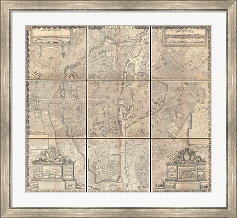 Framed 1652 Gomboust 9 Panel Map of Paris, France Print