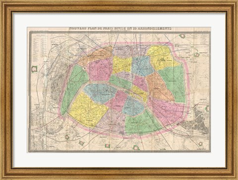 Framed 1867 colored Logerot Map of Paris, France Print
