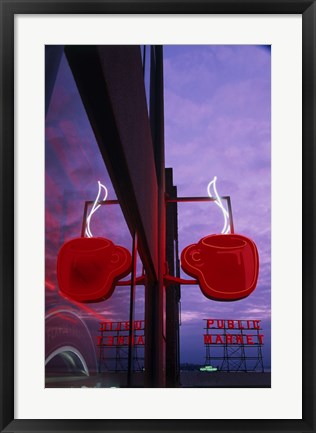 Framed Coffee Cup Neon Sign Lit Up at Dusk Print