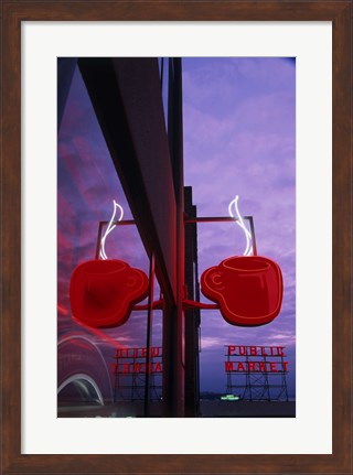 Framed Coffee Cup Neon Sign Lit Up at Dusk Print