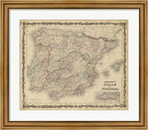 Framed Johnson&#39;s Map of Spain &amp; Portugal Print