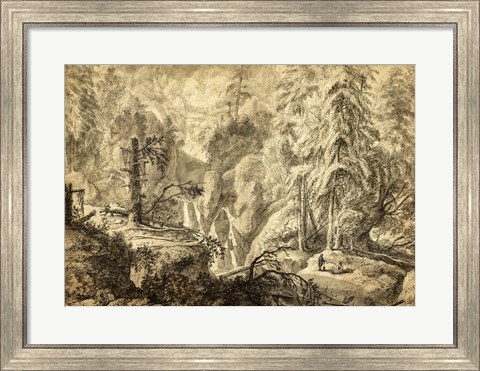 Framed Mountain Landscape, Peasants in a Clearing near a Waterfall Print