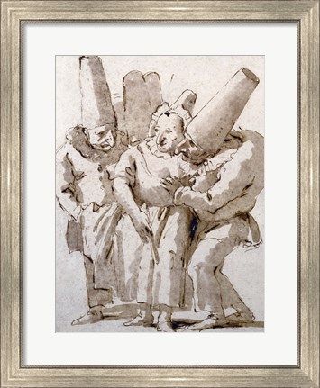 Framed Punchinellos Approaching a Woman Print