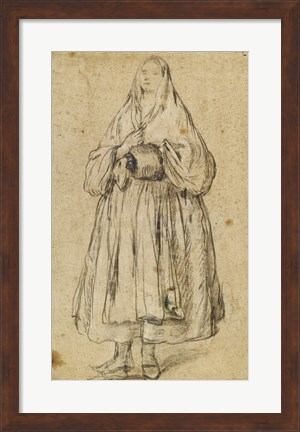 Framed Standing Woman Holding a Muff and Shawl Print