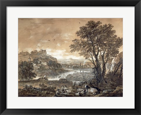 Framed Landscape with Shepherds Resting Under a Tree by a Cascade Print