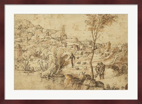 Framed Landscape with Shepherds by a River and a Town Beyond Print