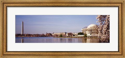 Framed USA, Washington DC, Washington Monument and Jefferson Memorial, Tourists outside the memorial Print