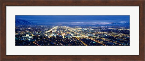 Framed Aerial view of a city lit up at dusk, Salt Lake City, Utah, USA Print