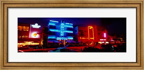 Framed Low Angle View Of A Hotel Lit Up At Night, Miami, Florida, USA Print