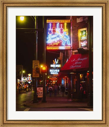 Framed Neon sign lit up at night in a city, Rum Boogie Cafe, Beale Street, Memphis, Shelby County, Tennessee, USA Print
