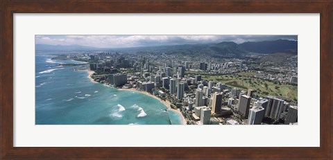 Framed Aerial view of buildings at the waterfront, Waikiki Beach, Honolulu, Oahu, Hawaii, USA Print