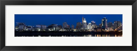 Framed Cincinnati skyline and John A. Roebling Suspension Bridge at twilight from across the Ohio River, Hamilton County, Ohio, USA Print