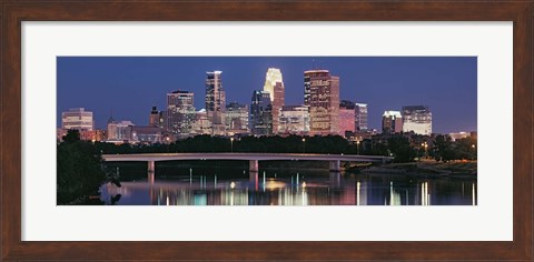 Framed Buildings lit up at night in a city, Minneapolis, Mississippi River, Hennepin County, Minnesota, USA Print