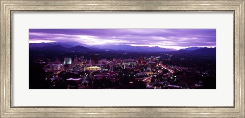 Framed Aerial view of a city lit up at dusk, Asheville, Buncombe County, North Carolina, USA 2011 Print