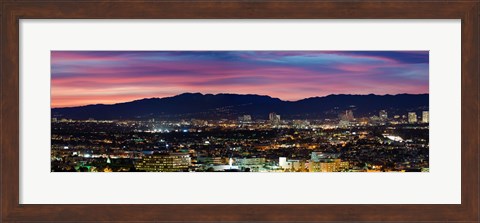 Framed High angle view of a city at dusk, Culver City, Santa Monica Mountains, West Los Angeles, Westwood, California, USA Print