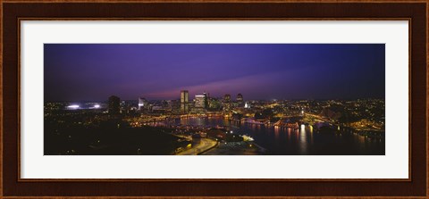 Framed Aerial view of a city lit up at dusk, Baltimore, Maryland, USA Print