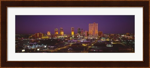 Framed High angle view of skyscrapers lit up at night, Dallas, Texas, USA Print