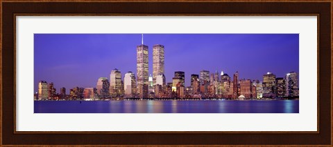 Framed Buildings at the waterfront lit up at dusk, World Trade Center, Wall Street, Manhattan, New York City, New York State, USA Print