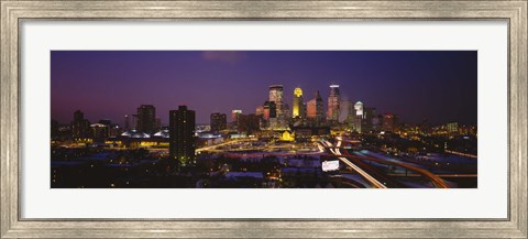 Framed Skyscrapers lit up at dusk, Minneapolis, Minnesota, USA Print