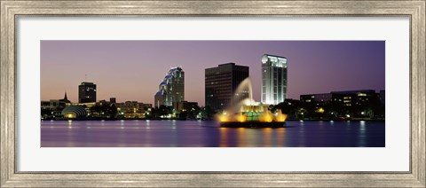 Framed Fountain in a lake lit up at night, Lake Eola, Summerlin Park, Orlando, Florida Print