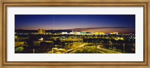 Framed High angle view of buildings lit up at dusk, Las Vegas, Nevada, USA Print