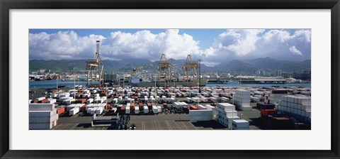 Framed Containers And Cranes At A Harbor, Honolulu Harbor, Hawaii, USA Print