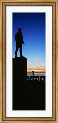 Framed Captain Cook monument silhouetted by sunset, Anchorage, Alaska, USA. Print