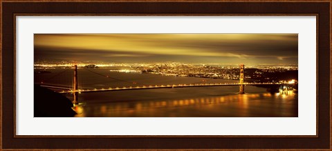 Framed Golden Gate Bridge and San Francisco Skyline Lit Up at Night Print