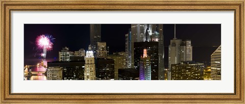 Framed Skyscrapers and firework display in a city at night, Lake Michigan, Chicago, Illinois, USA Print
