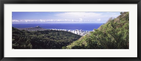 Framed Mountains with city at coast in the background, Honolulu, Oahu, Honolulu County, Hawaii, USA Print