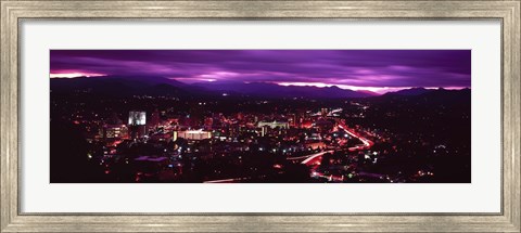 Framed Aerial view of a city lit up at night, Asheville, Buncombe County, North Carolina, USA 2011 Print